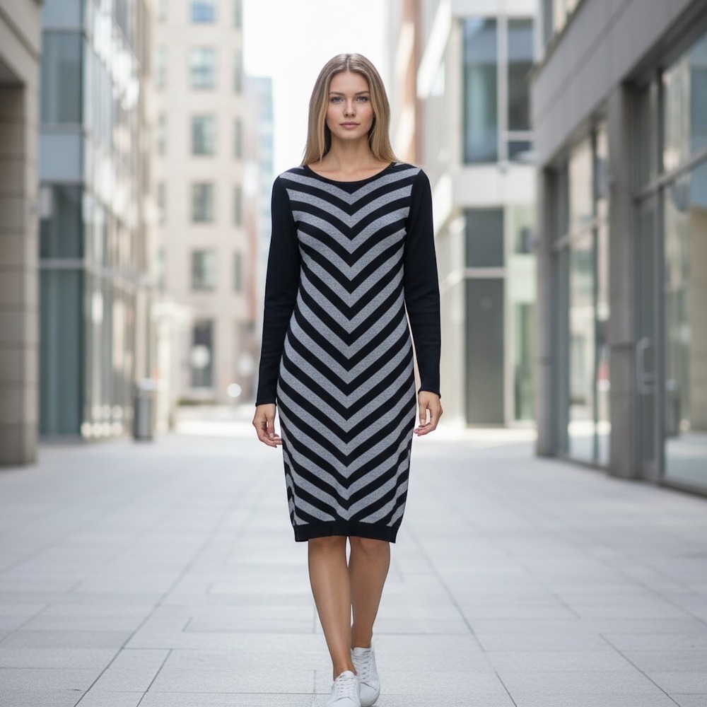 NWT Worthington Womens Chevron Striped Sweater Dress Black Grey‎ Long Sleeve L.
